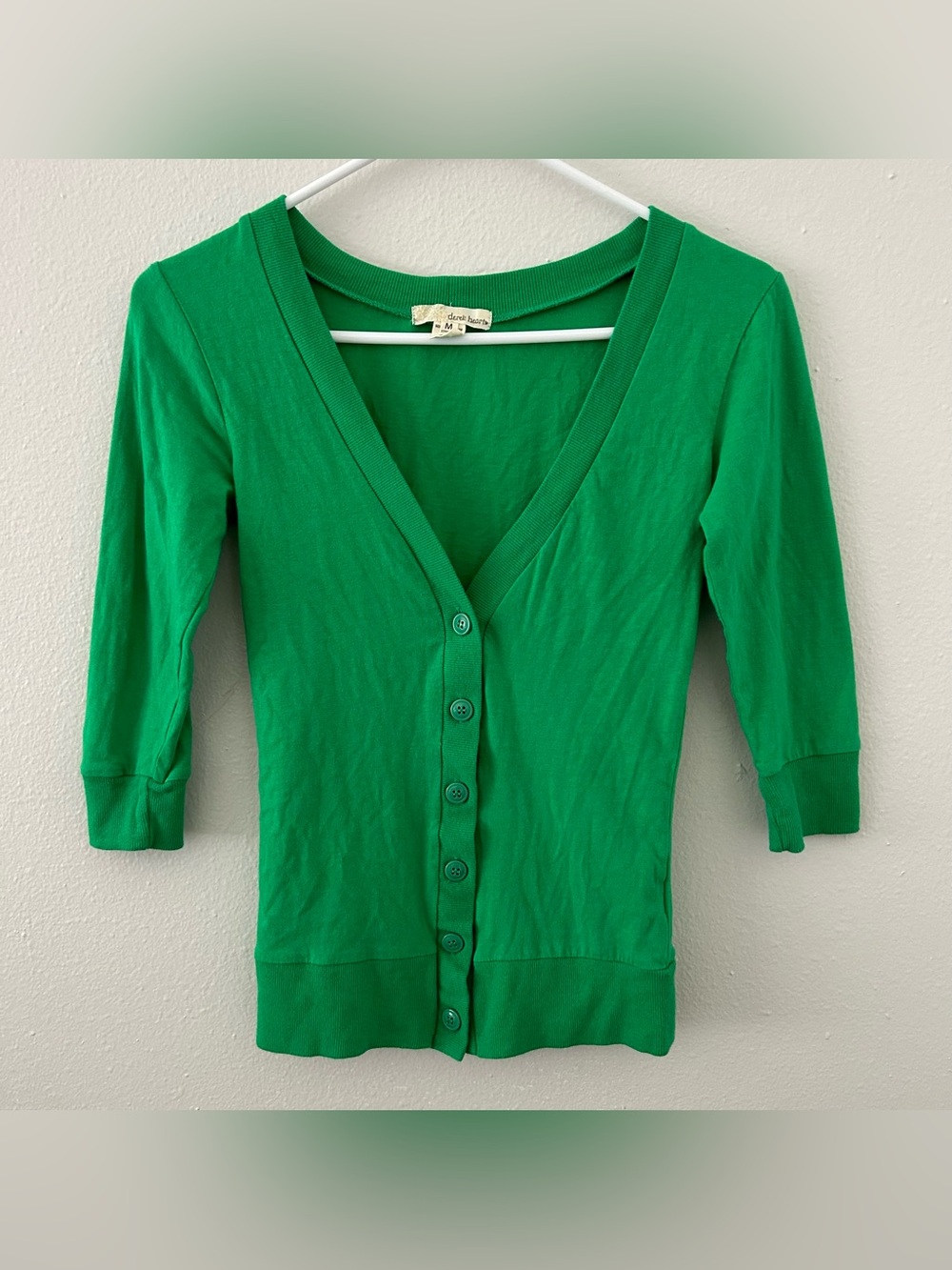 Y2K Kelly Green Cardigan Sweater Derek Heart Women’s M Deep V-Neck 3/4 Sleeve